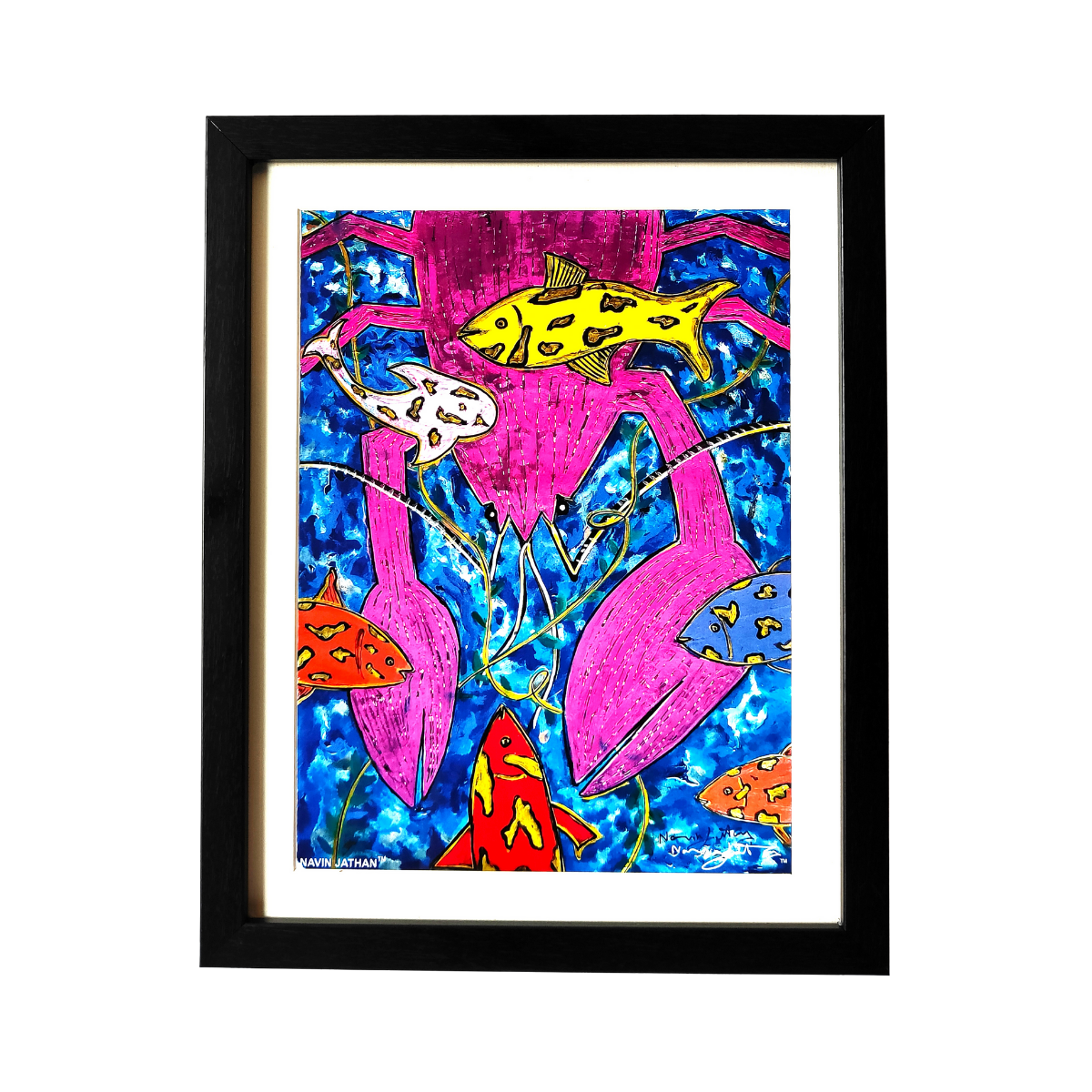 Framed colorful painting of fish with abstract designs