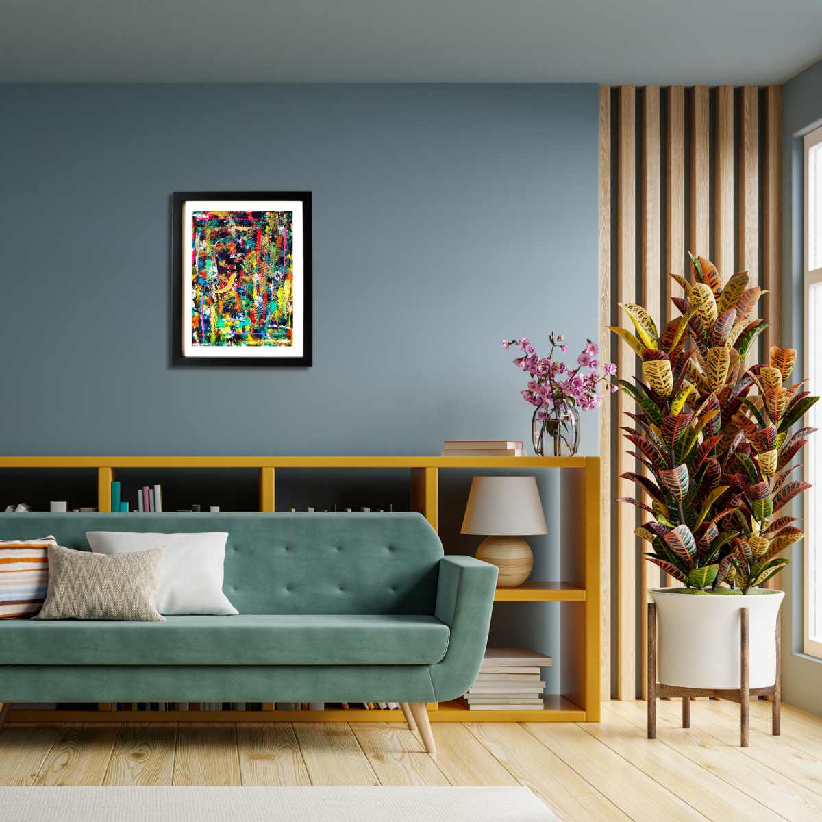 Modern living room with a teal sofa, colorful abstract painting, and decorative plants.
