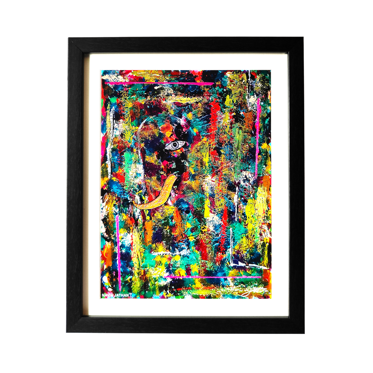 Framed abstract artwork with vibrant colors on a white background