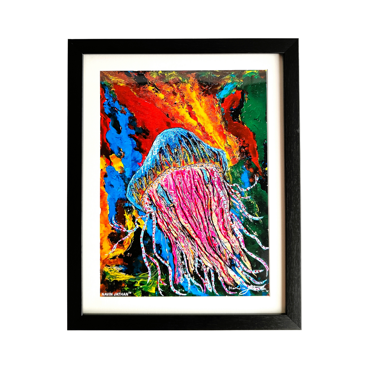 Framed abstract art print of a colorful jellyfish on a white background