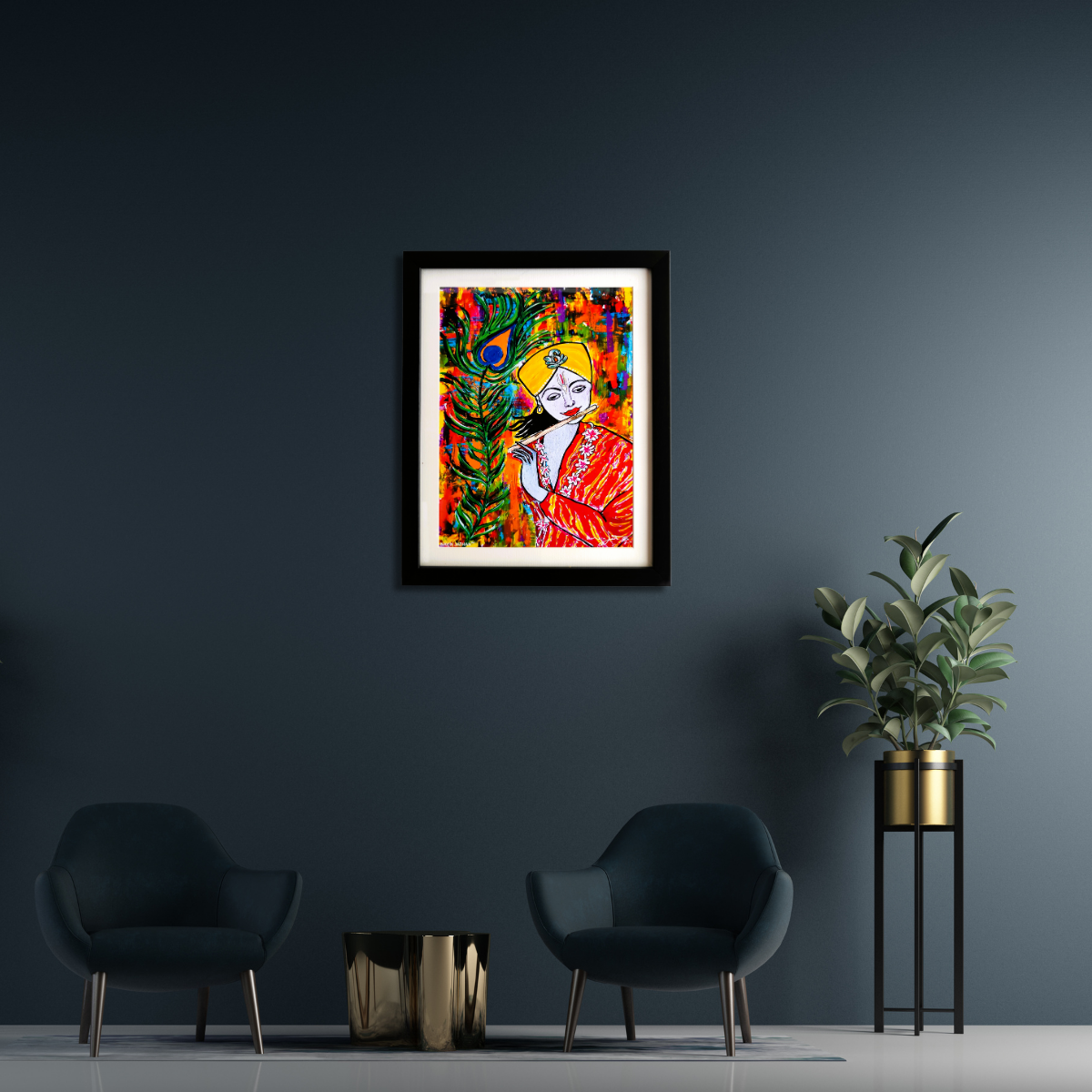 Colorful abstract painting of a Krishna with a peacock feather on a dark wall in a modern room.