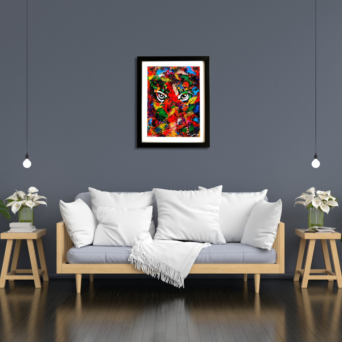 Living room with a colorful abstract painting of Tiger's Scar Eyes on the wall above a sofa.