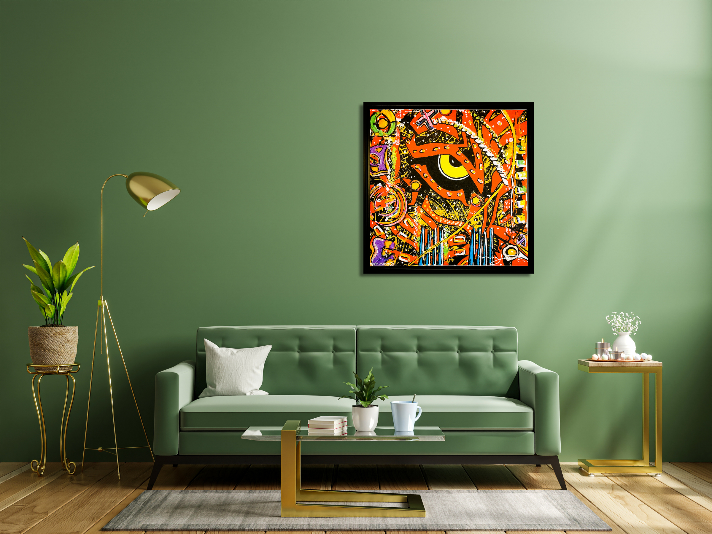 Modern living room with a green sofa, colorful abstract painting, and decorative items.