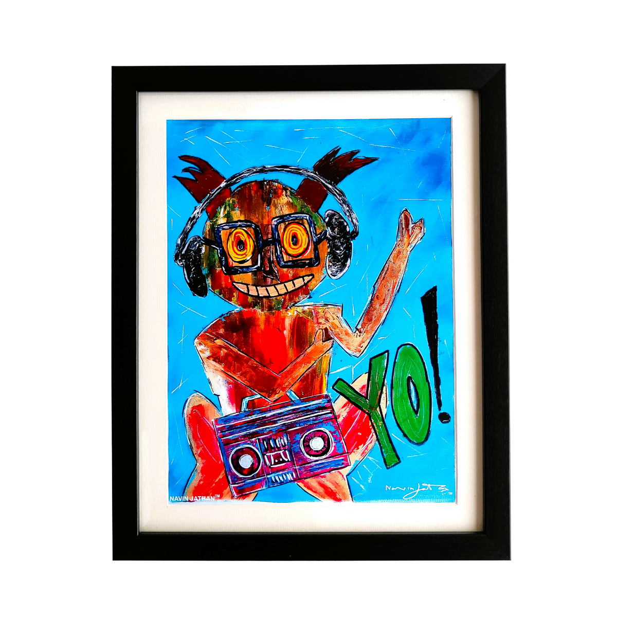 Framed artwork of a colorful character with headphones and a boombox on a blue background.