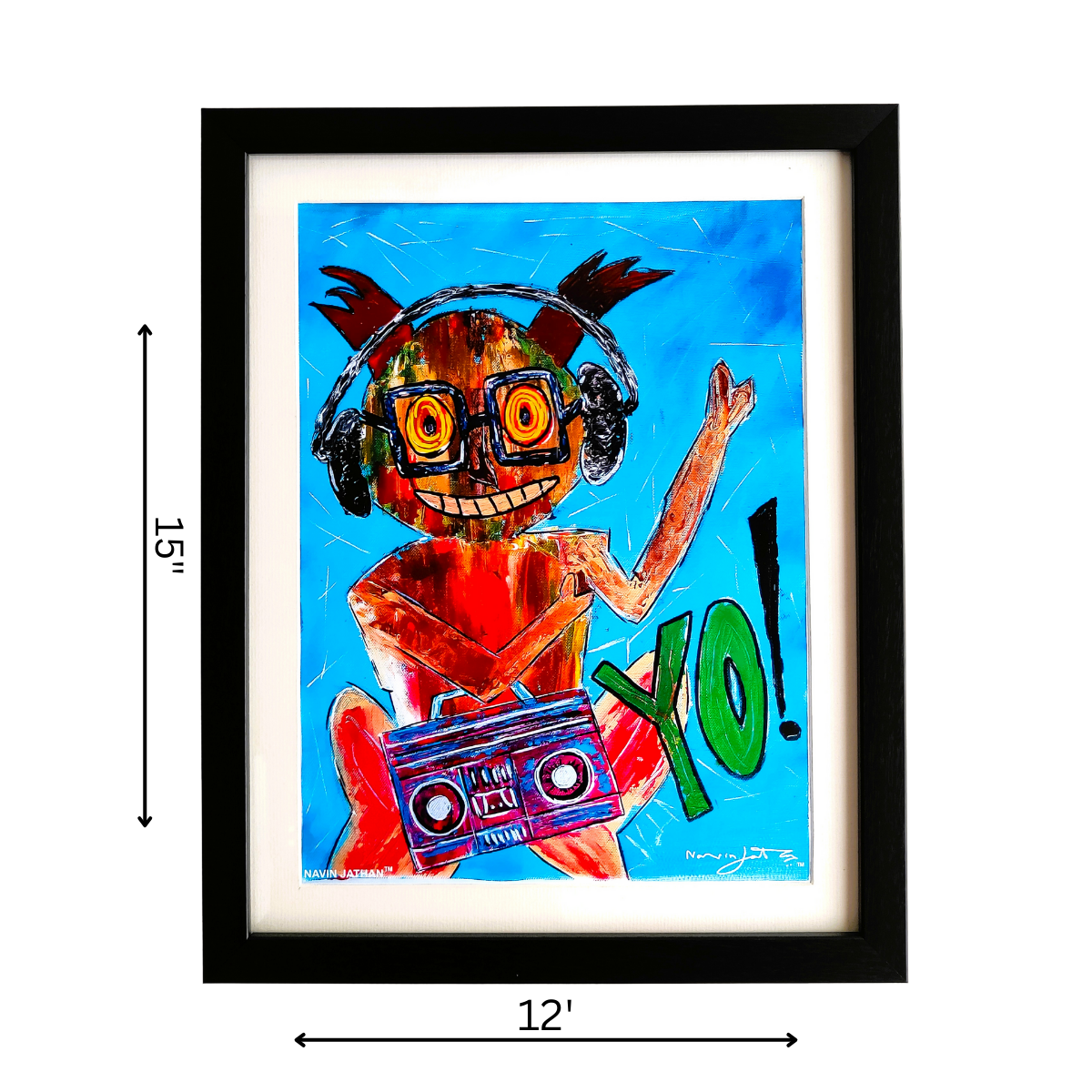 Framed colorful artwork of a character with headphones and a boombox on a blue background.