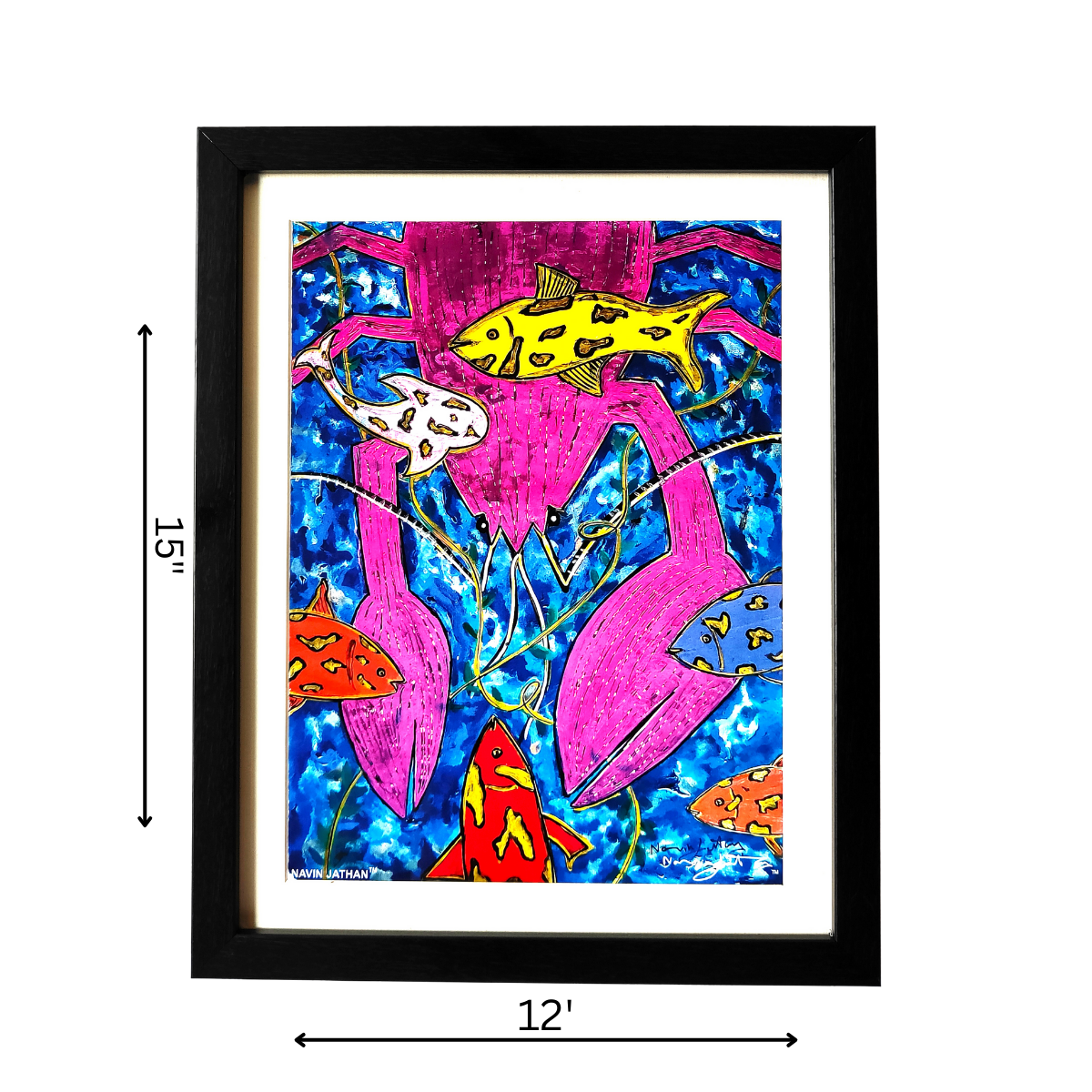 Framed artwork with colorful fish design on a white background