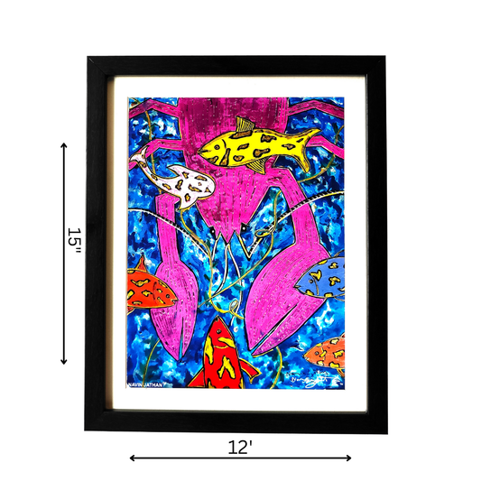Framed artwork with colorful fish design on a white background