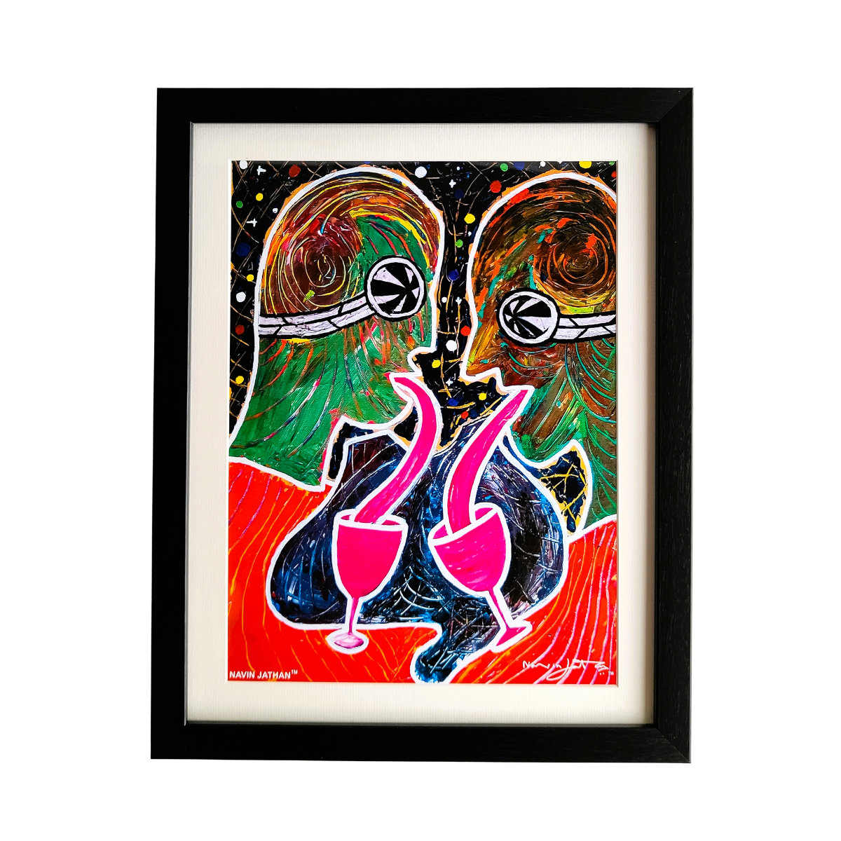 Framed abstract artwork of two faces with pink glasses on a white background