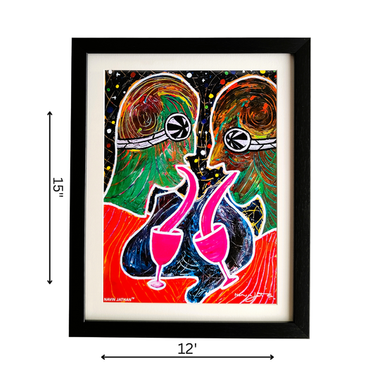 Framed artwork of two stylized faces with colorful design and peace symbols, dimensions indicated.