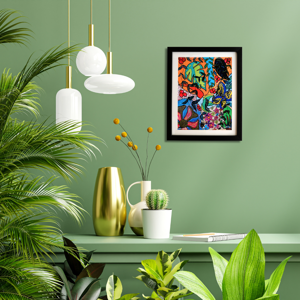 Modern interior with green wall, plants, and colorful abstract art.
