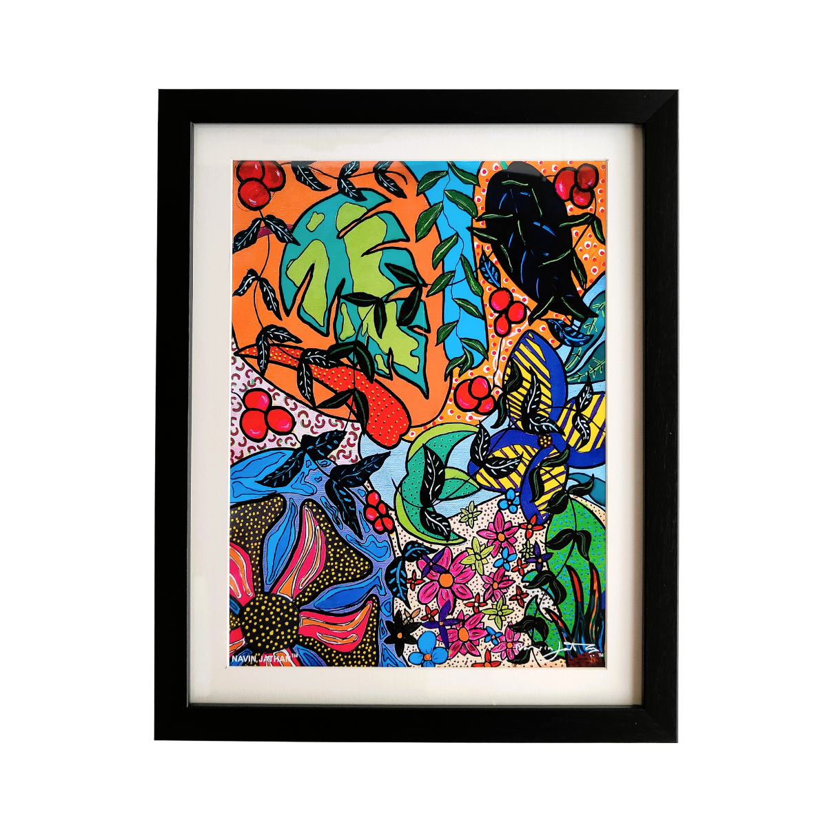 Framed colorful abstract artwork with plants and nature elements on a white background