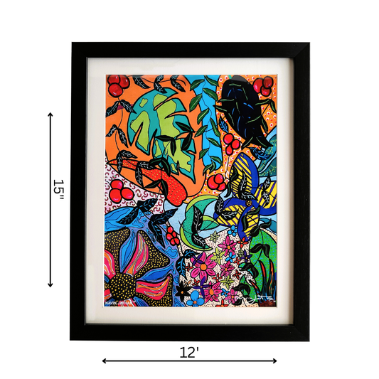 Framed colorful abstract art with dimensions indicated
