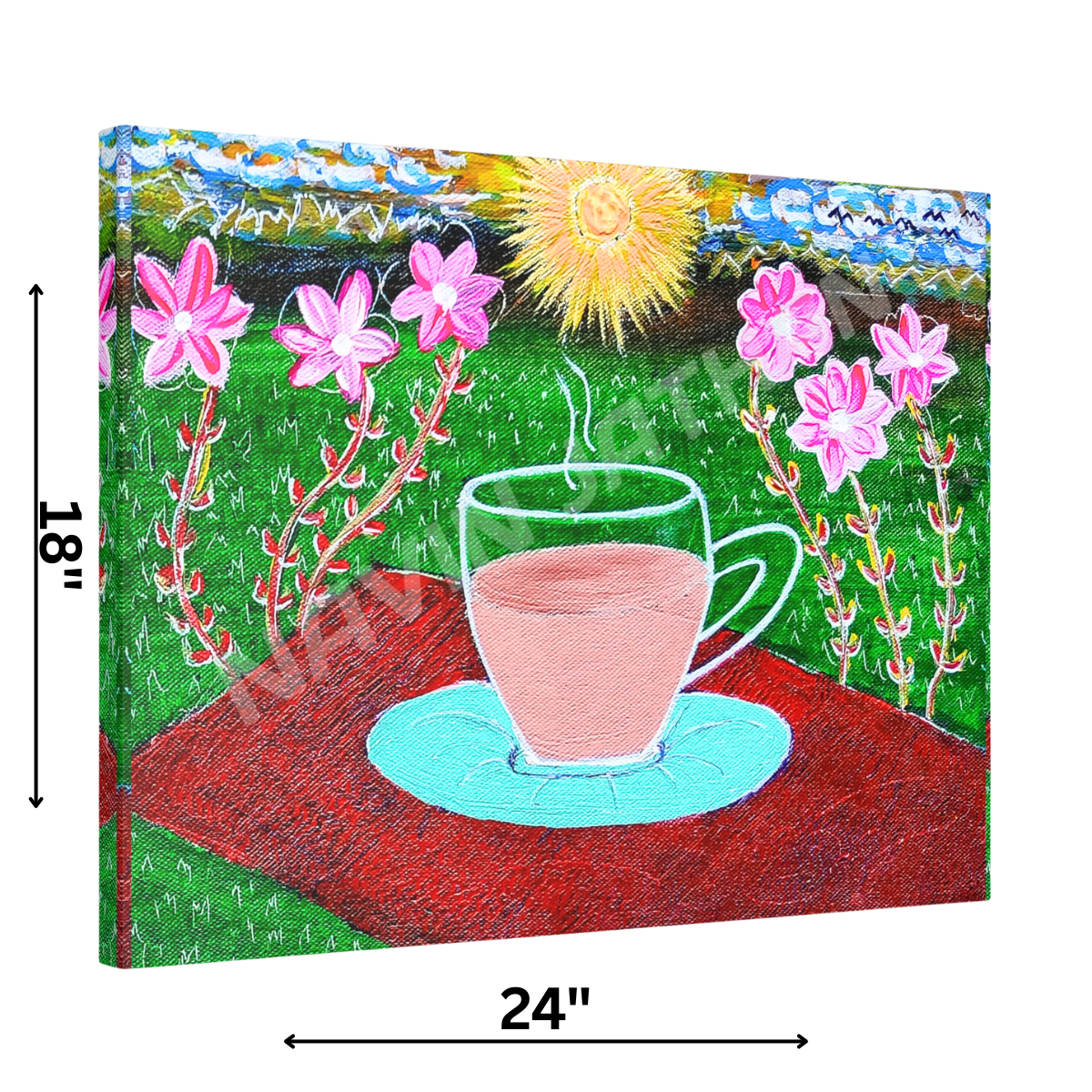 Canvas print of a pink teacup on a blue saucer with flowers and sun, dimensions 24" x 18".