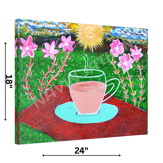 Canvas print of a pink teacup on a blue saucer with flowers and sun, dimensions 24" x 18".