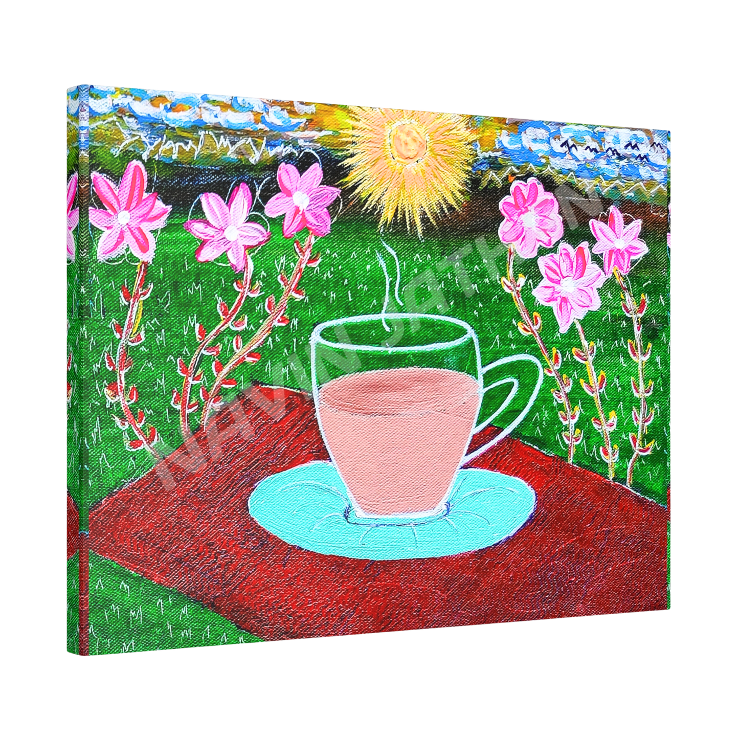 Canvas print of a tea cup on a saucer with flowers and sun in the background