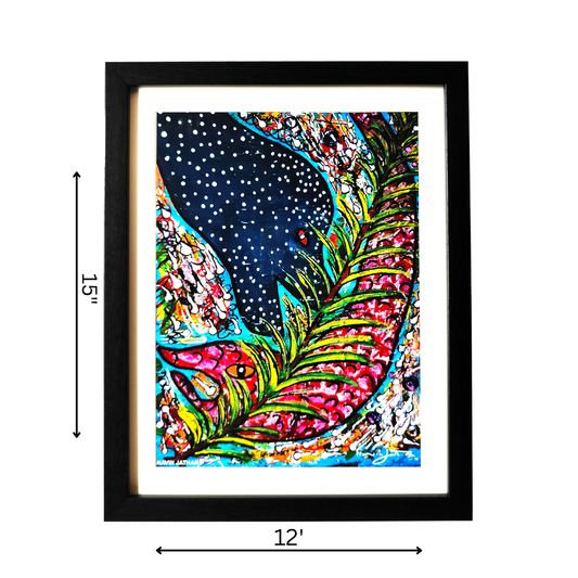 Framed colorful abstract art with dimensions indicated