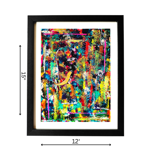 Framed abstract artwork with dimensions indicated