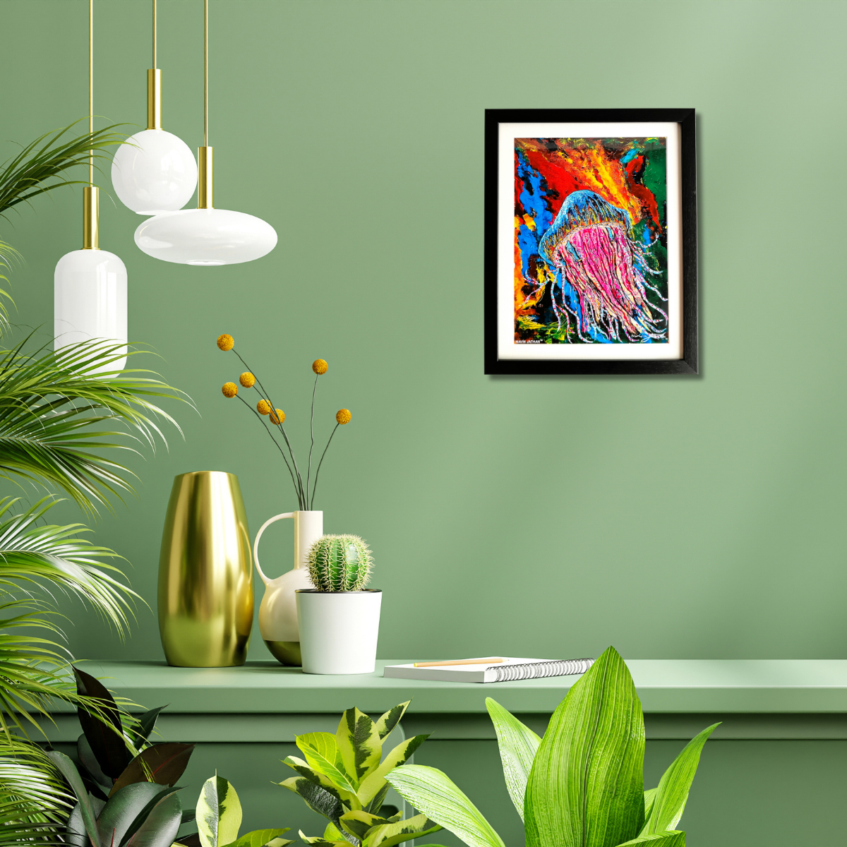 Decorative interior with a colorful jellyfish painting, plants, and modern lamps on a green wall.