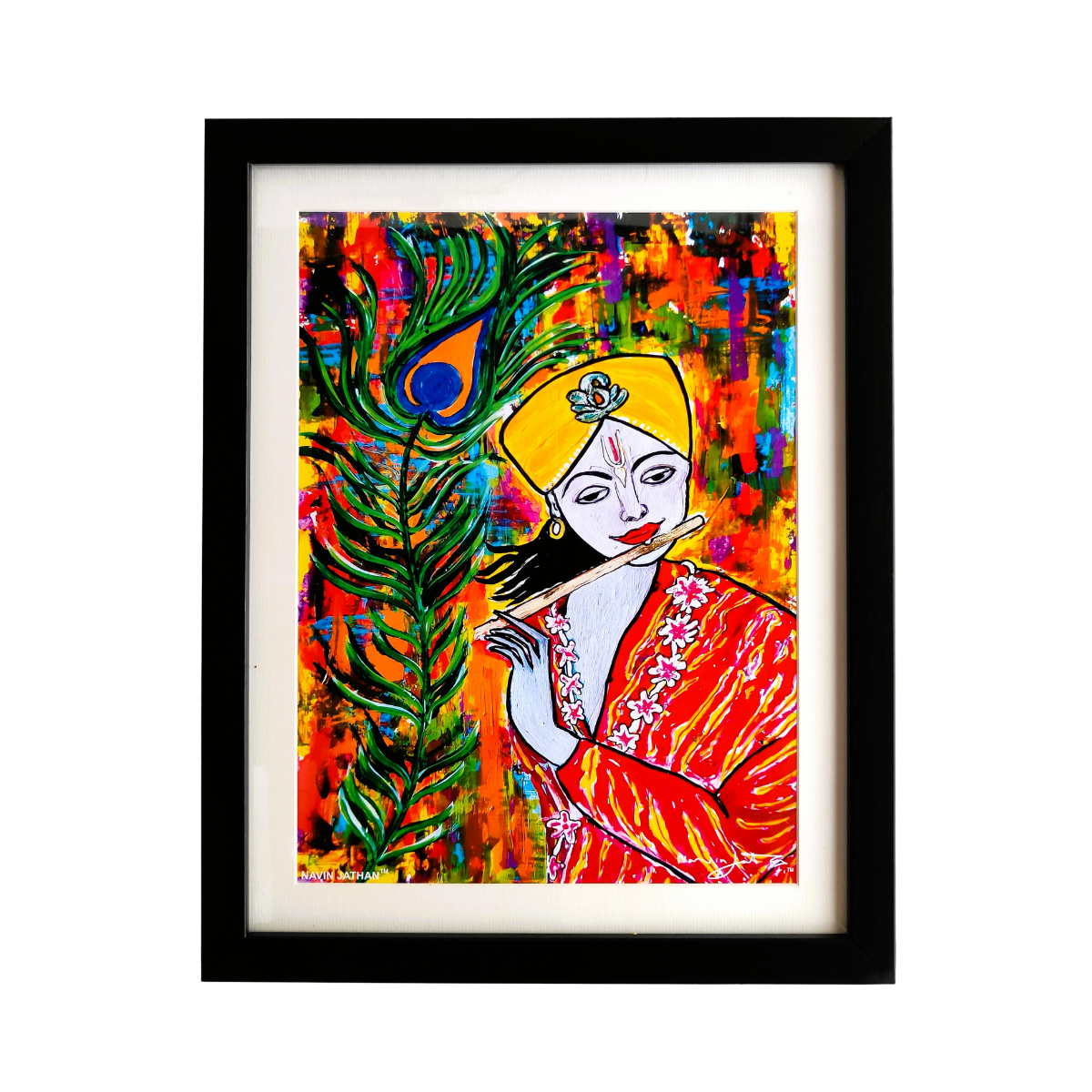 Framed artwork of a Krishna with a peacock feather against a colorful abstract background
