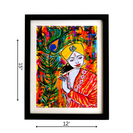 Colorful artwork of a Krishna with a peacock feather, framed with dimensions indicated.