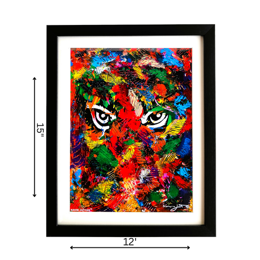 Colorful abstract painting of Tiger with dimensions displayed on a white background