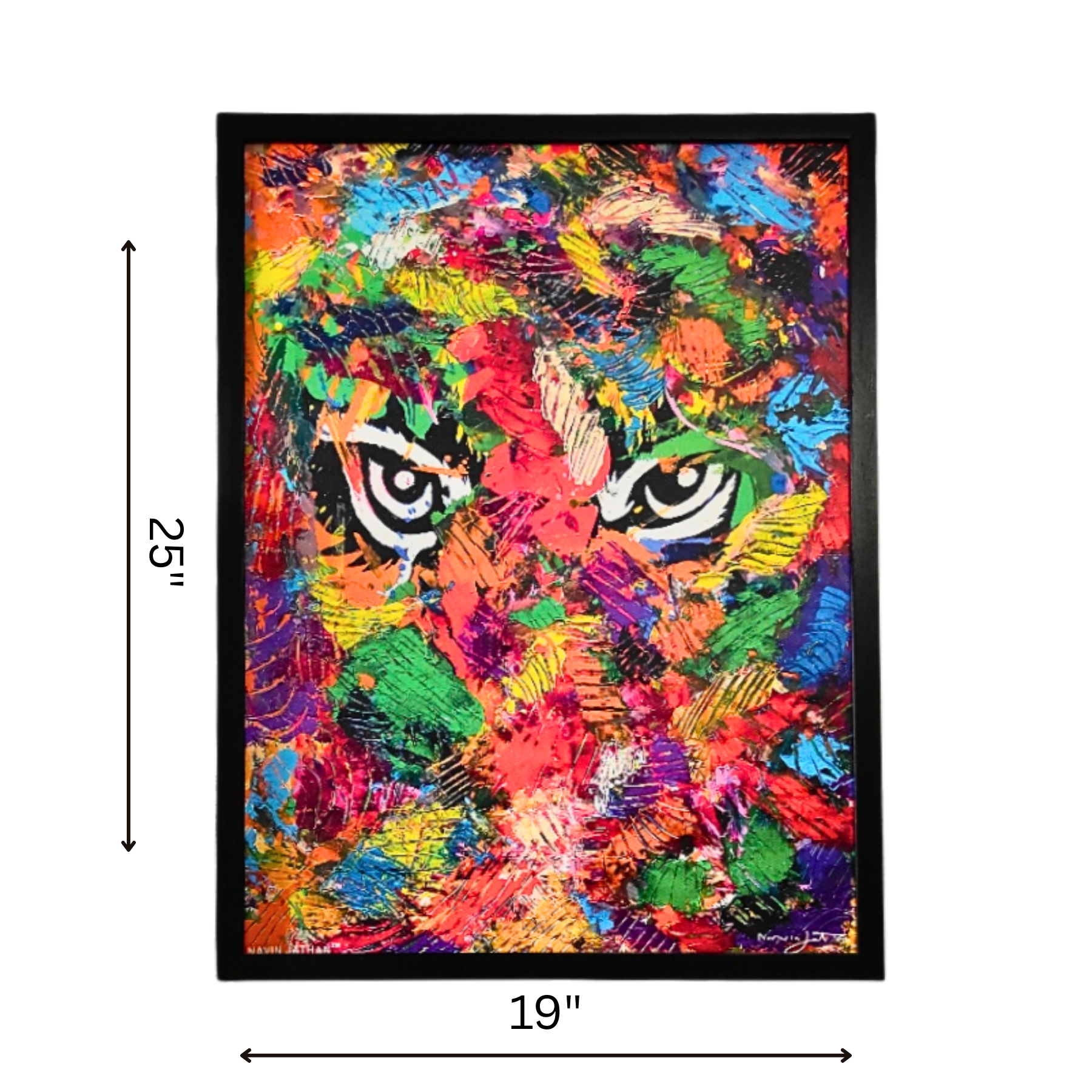 Colorful abstract painting of a tiger face with dimensions indicated