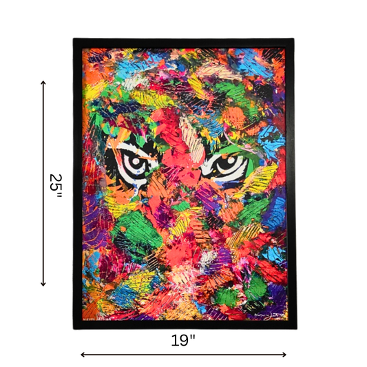 Colorful abstract painting of a tiger face with dimensions indicated