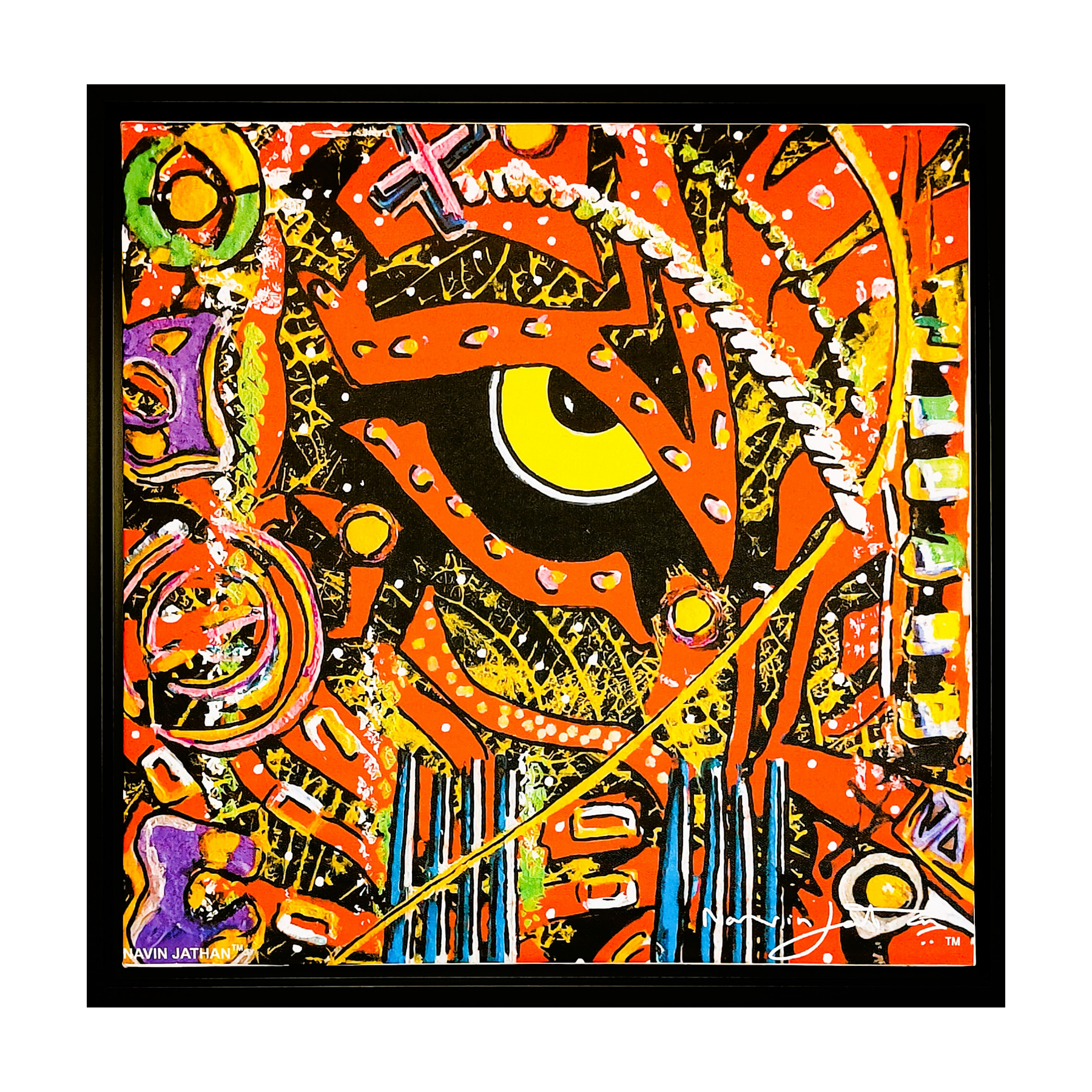 Abstract artwork with vibrant colors and dynamic patterns on a white background