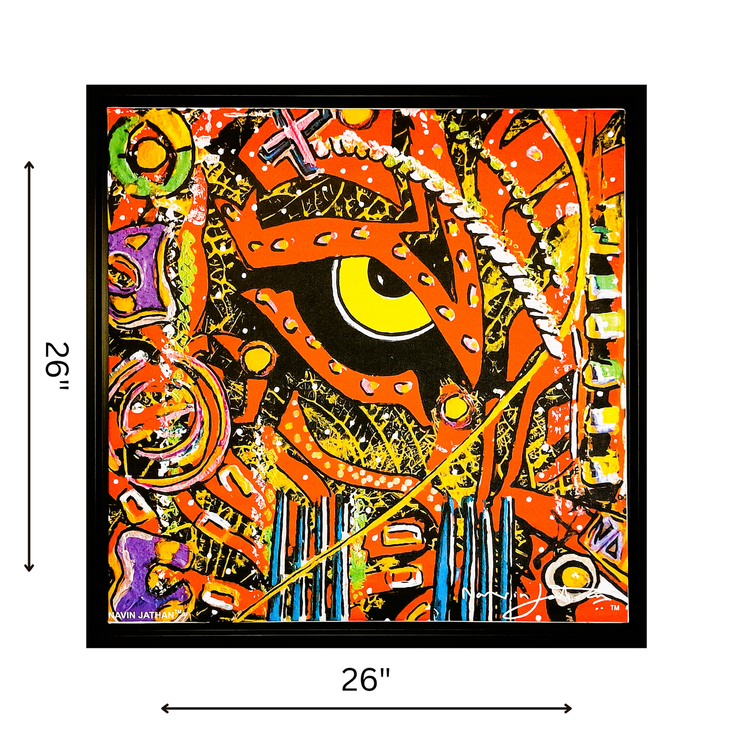 Colorful abstract artwork with measurements on a white background