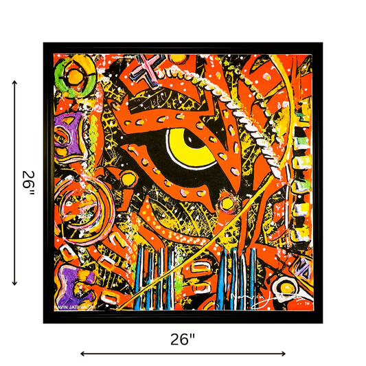 Colorful abstract artwork with measurements on a white background