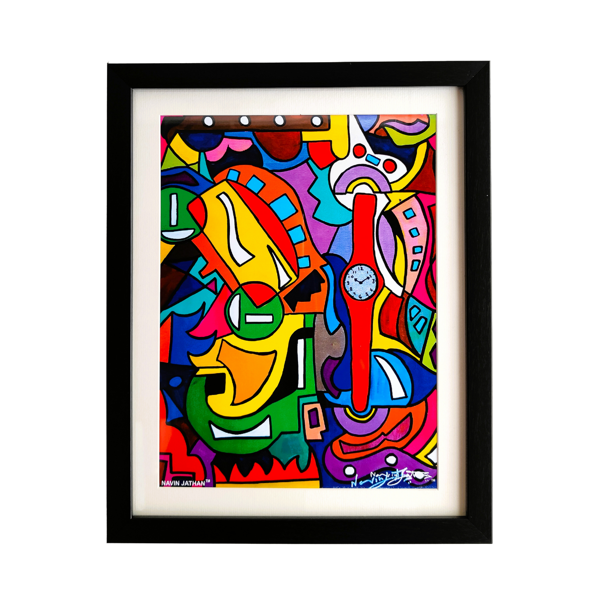 Framed colorful abstract artwork with a clock design on a white background