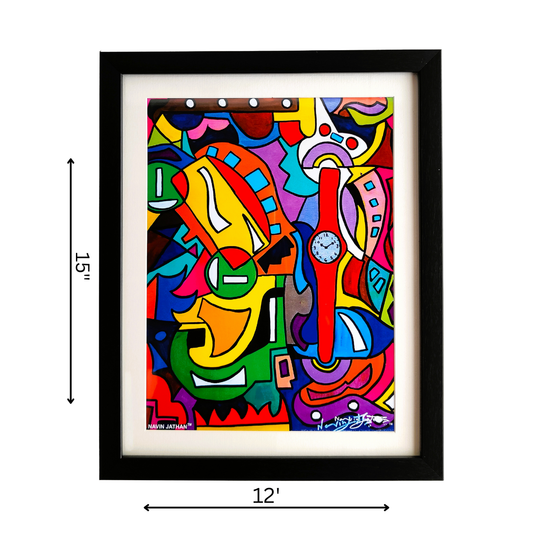 Colorful abstract artwork with dimensions indicated on a white background