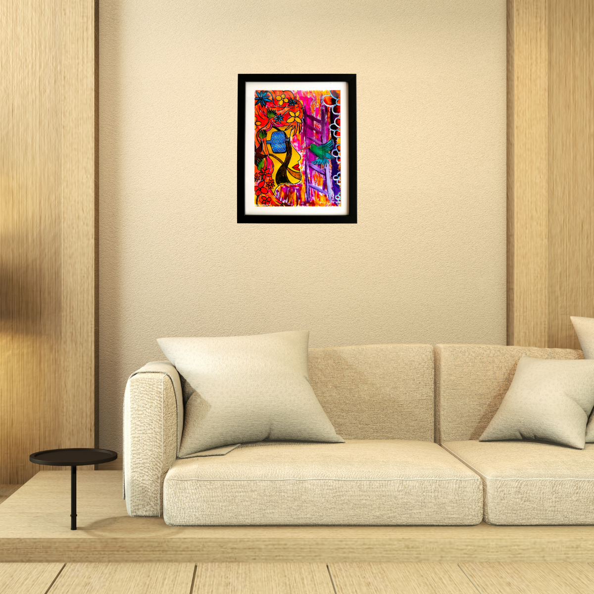 Colorful abstract painting "Vibrant Bloom" on a wall above a beige sofa in a living room.