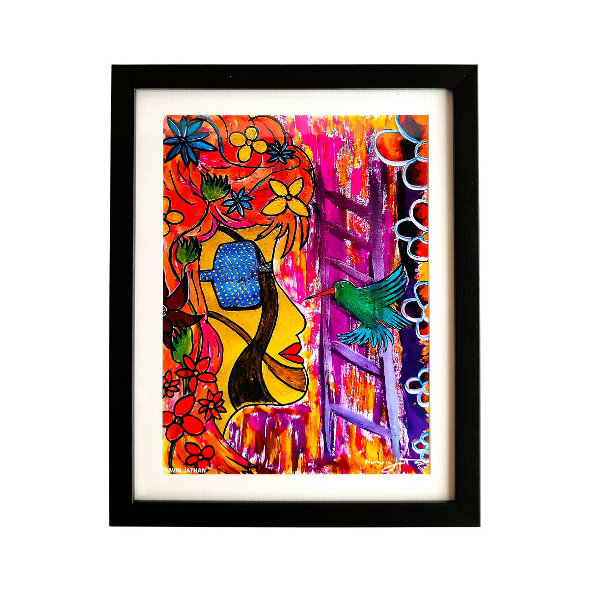 Framed colorful abstract art with a face and bird on a white background