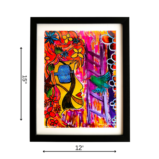 Colorful abstract "Vibrant Bloom" art print with dimensions displayed