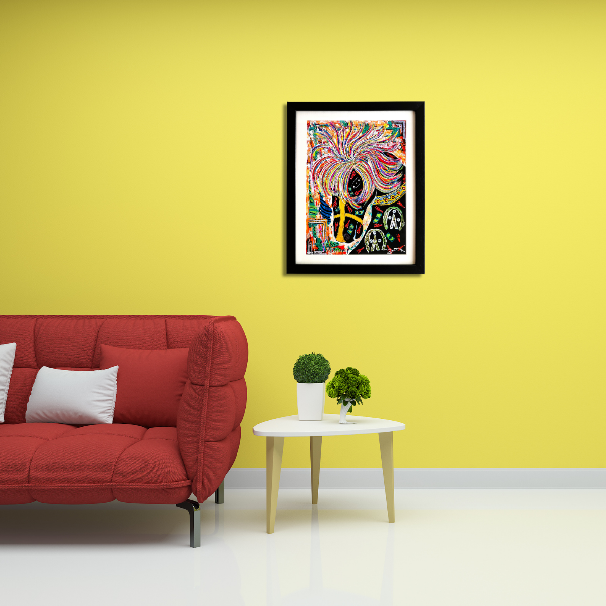 Living room with red sofa, small table, and colorful abstract art on yellow wall