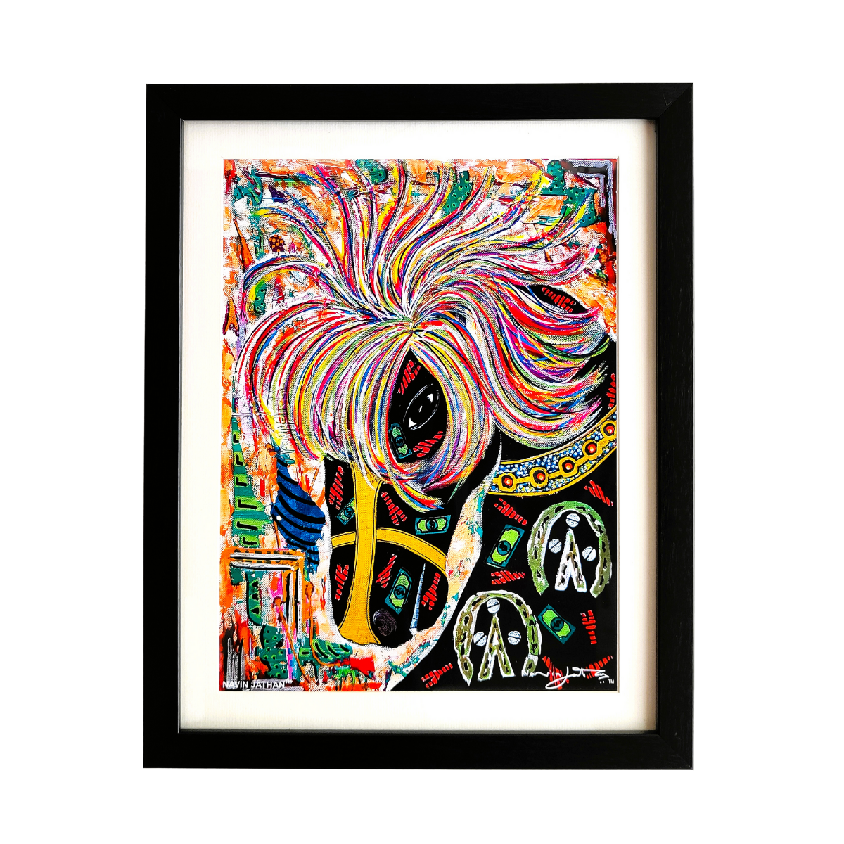 Framed colorful abstract artwork with a black border