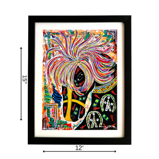 Framed abstract artwork with colorful design and measurements on a white background
