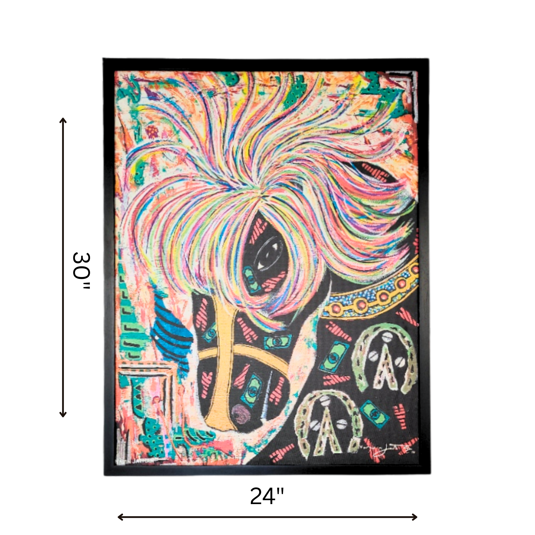 Colorful abstract horse face with dimensions 24" x 30" on a white background