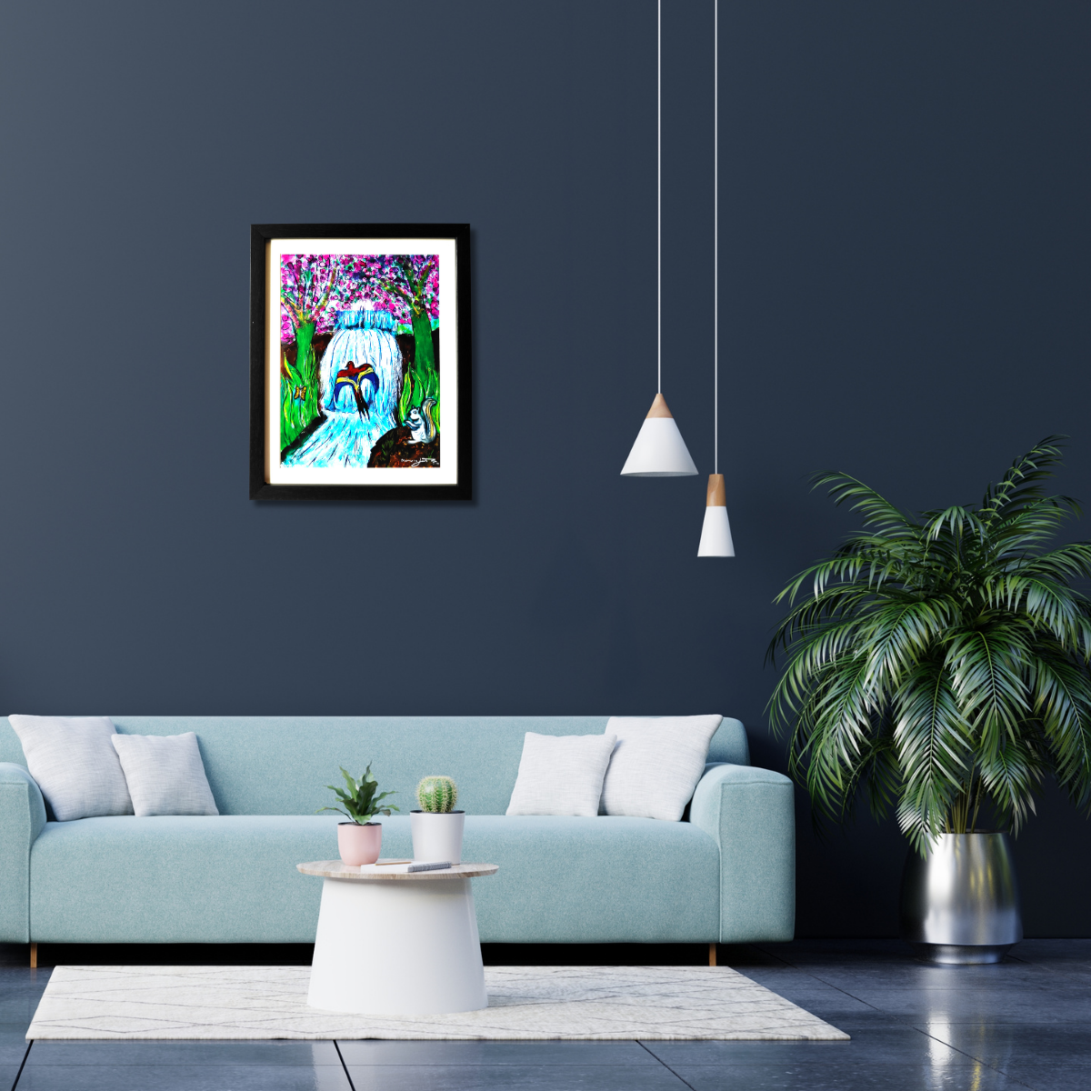 Modern living room with a blue sofa, framed artwork, and potted plants.