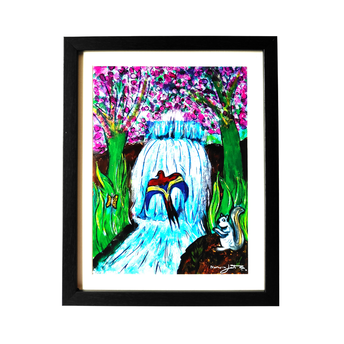 Framed colorful painting of a waterfall with a person and animal figure, set against a white background.