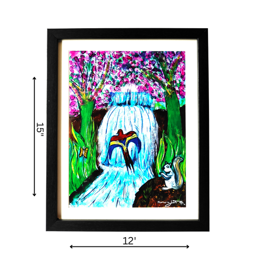Framed artwork of a colorful waterfall scene with a bird and butterfly, dimensions indicated.