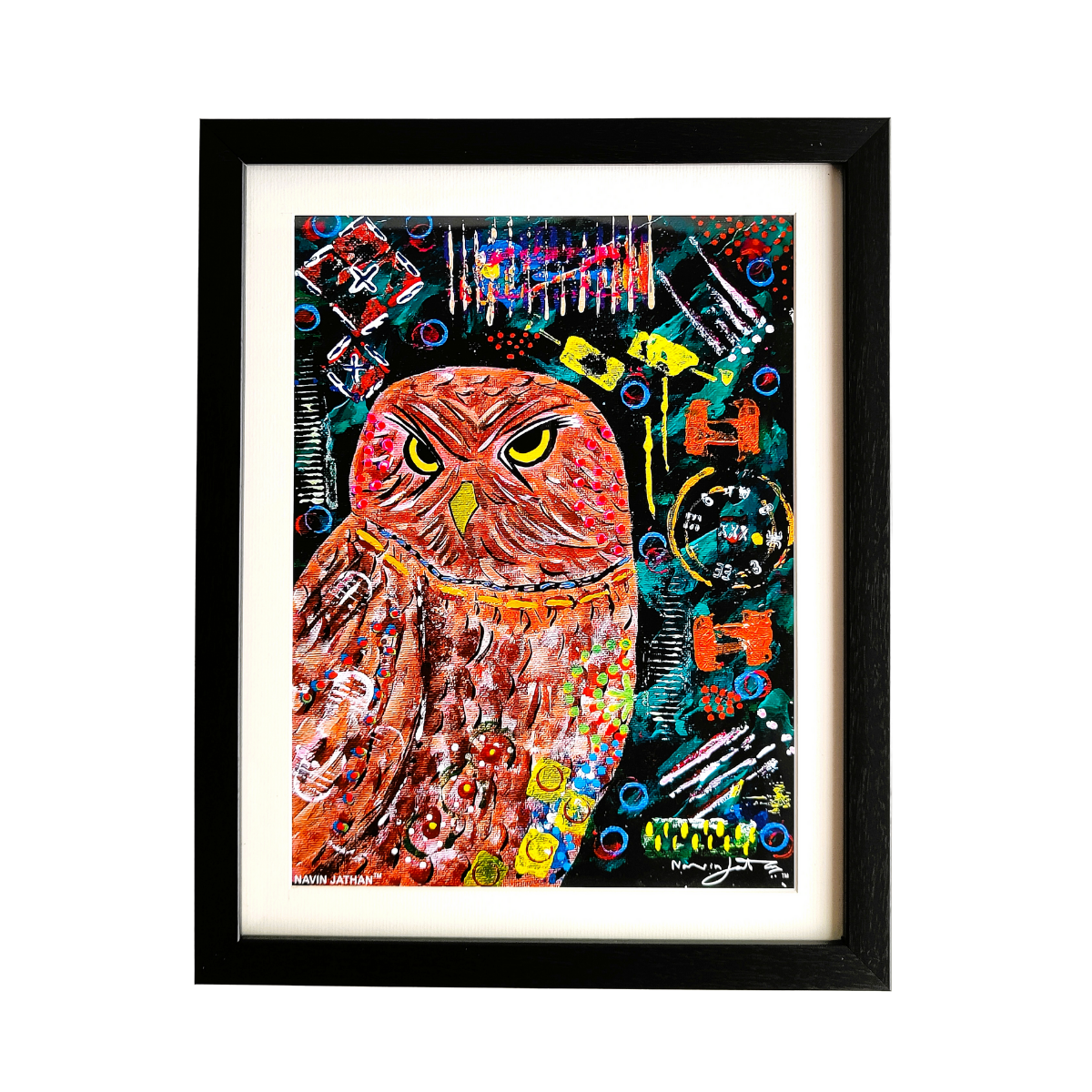 Framed colorful painting of an owl with abstract designs on a white background