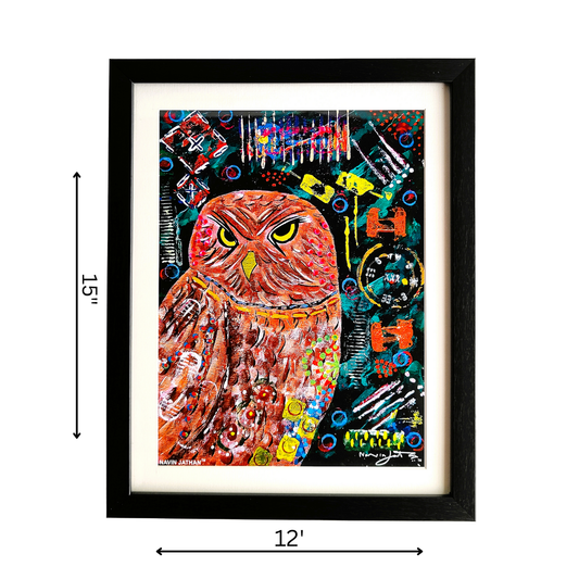 Framed artwork of an owl with colorful abstract patterns, dimensions indicated.