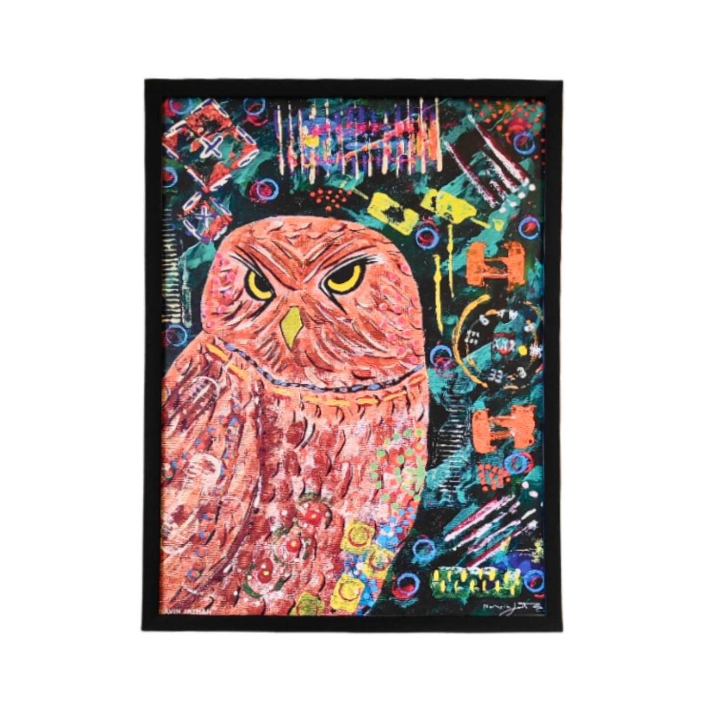 Framed Colorful owl painting with abstract patterns