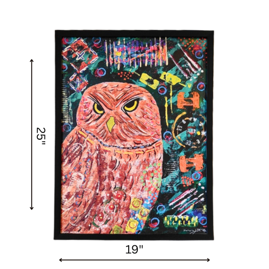 Colorful owl artwork with measurements on a white background