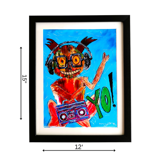 Framed colorful artwork of a character with headphones and a boombox on a blue background.
